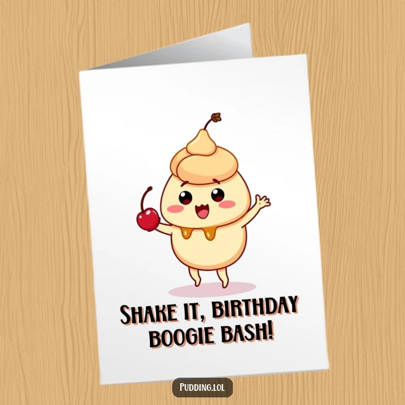 Free Printable Birthday Card: Quivering caramel pudding character dances sillily, balancing a cherry on its head.