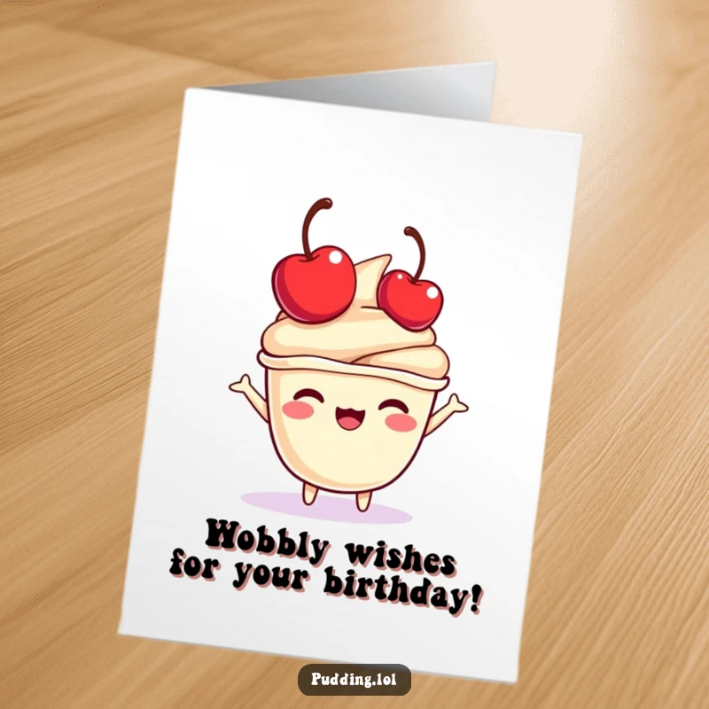 Funny Free Printable Birthday Card: A pudding cup joyfully bouncing a cherry on its head, full of birthday cheer.