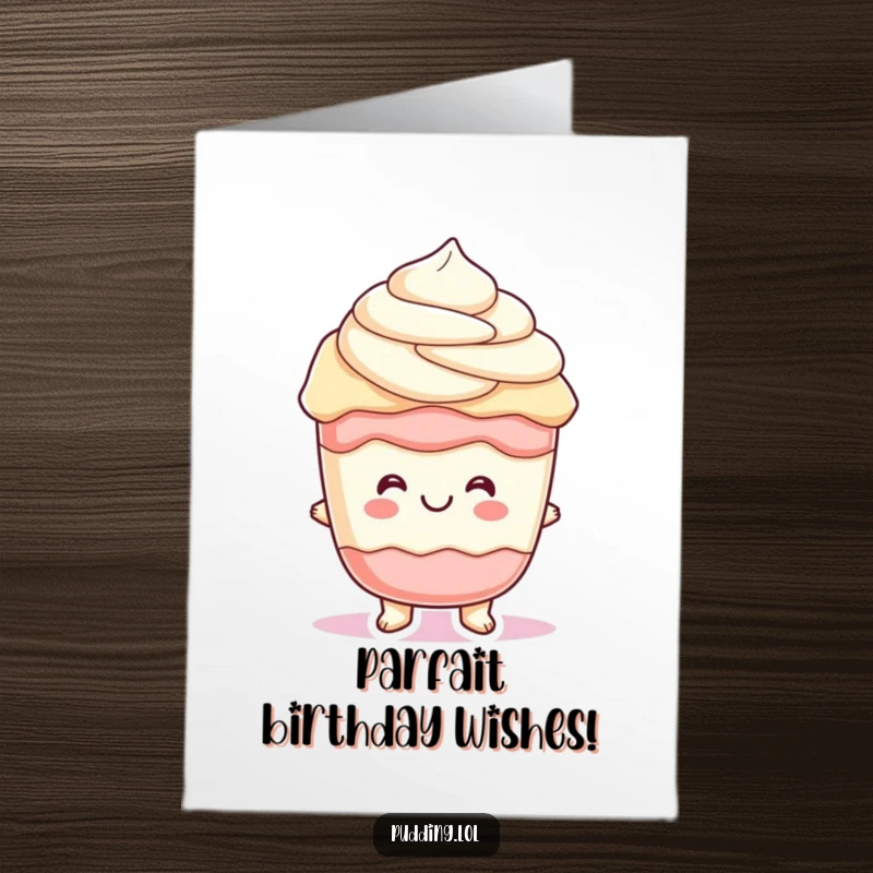 Funny free printable pudding parfait birthday card featuring a cheerful character with wiggling layers, celebrating with delightful dessert vibes.