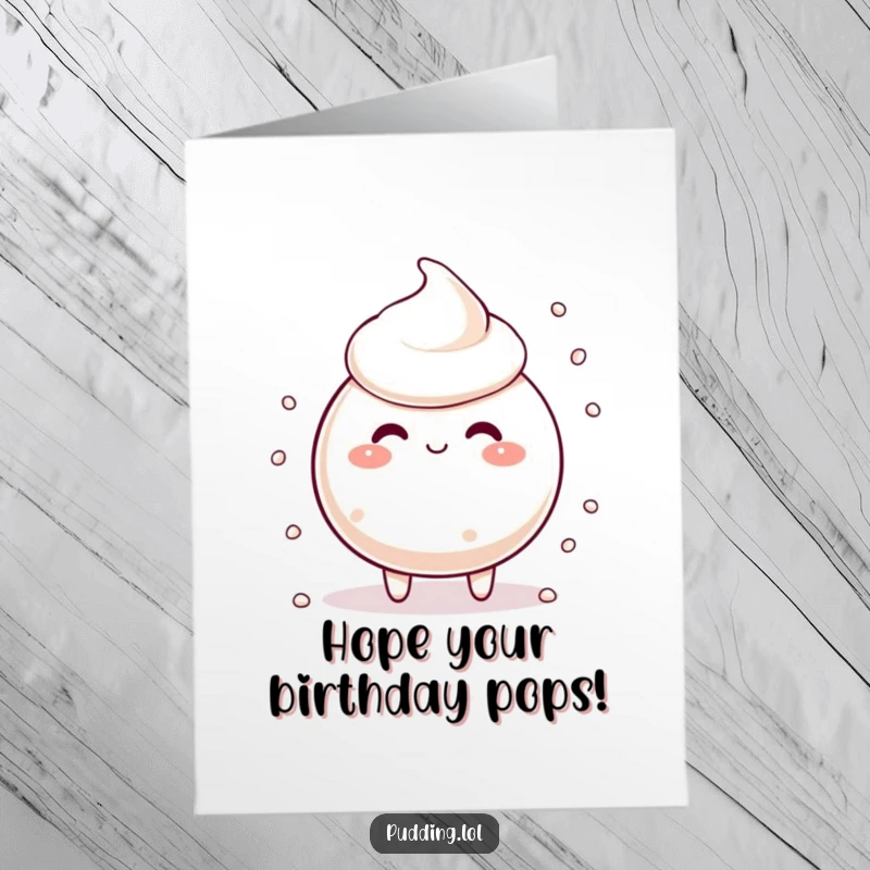 Funny free printable tapioca pudding birthday card showing a silly pudding character scattering its pearls with joyful abandon.
