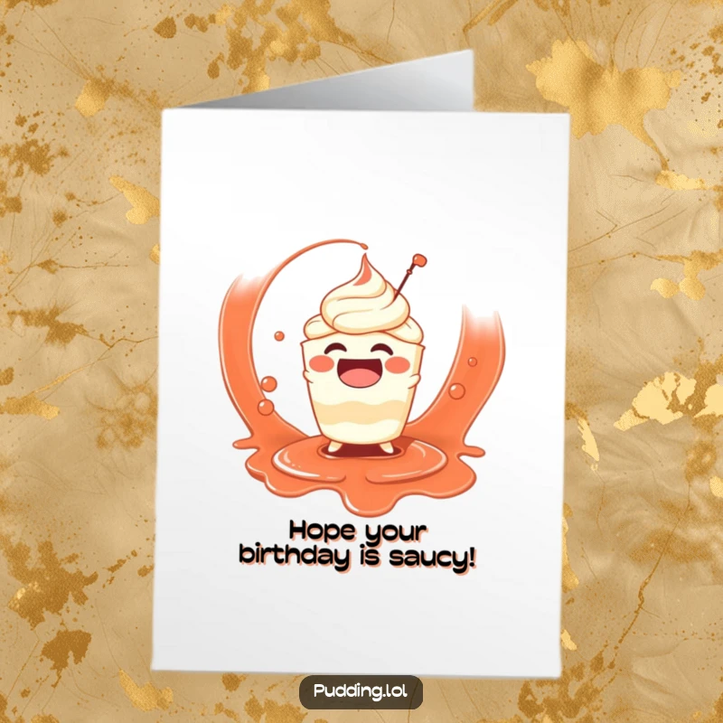 Funny Free Printable Birthday Card: Laughing pudding character gleefully splashing in a pool of red sauce.
