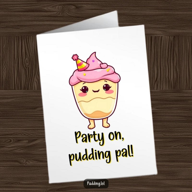Funny free printable birthday card: A pudding cup character adorably wearing a party hat, ready for birthday festivities.