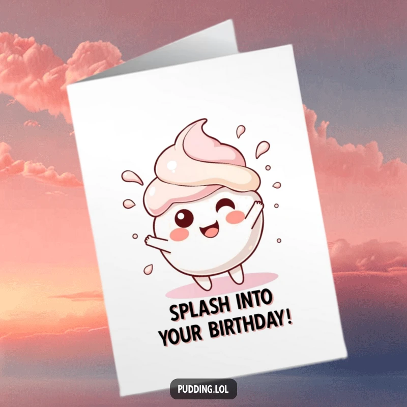 Funny free printable birthday card: A delighted pudding scoop character gleefully splashing, perfect for birthday wishes.