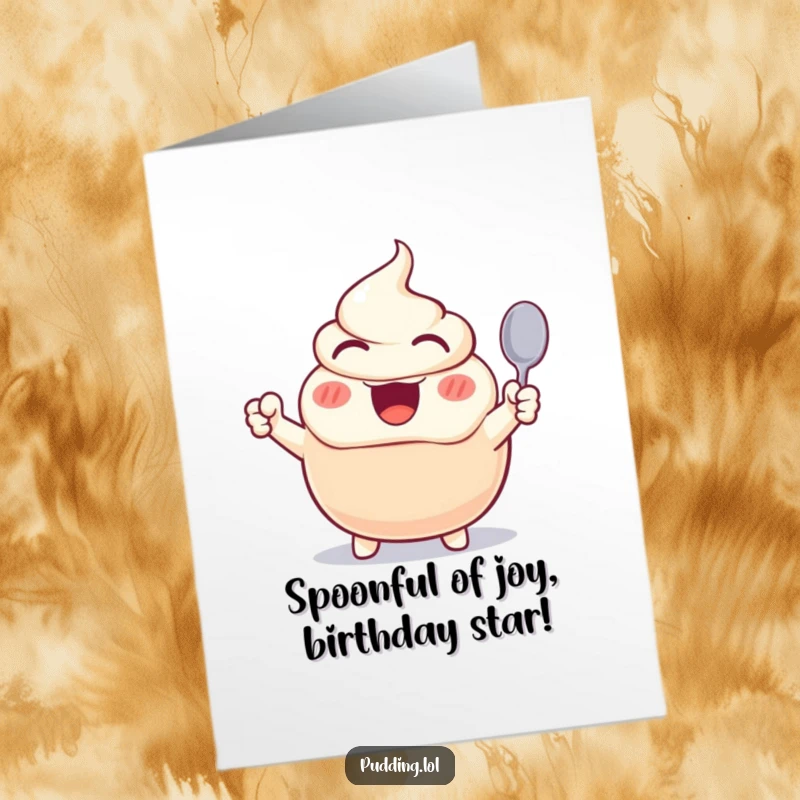 Funny Free Printable Birthday Card: Excited pudding character pumps a tiny spoon in the air, celebrating wildly.