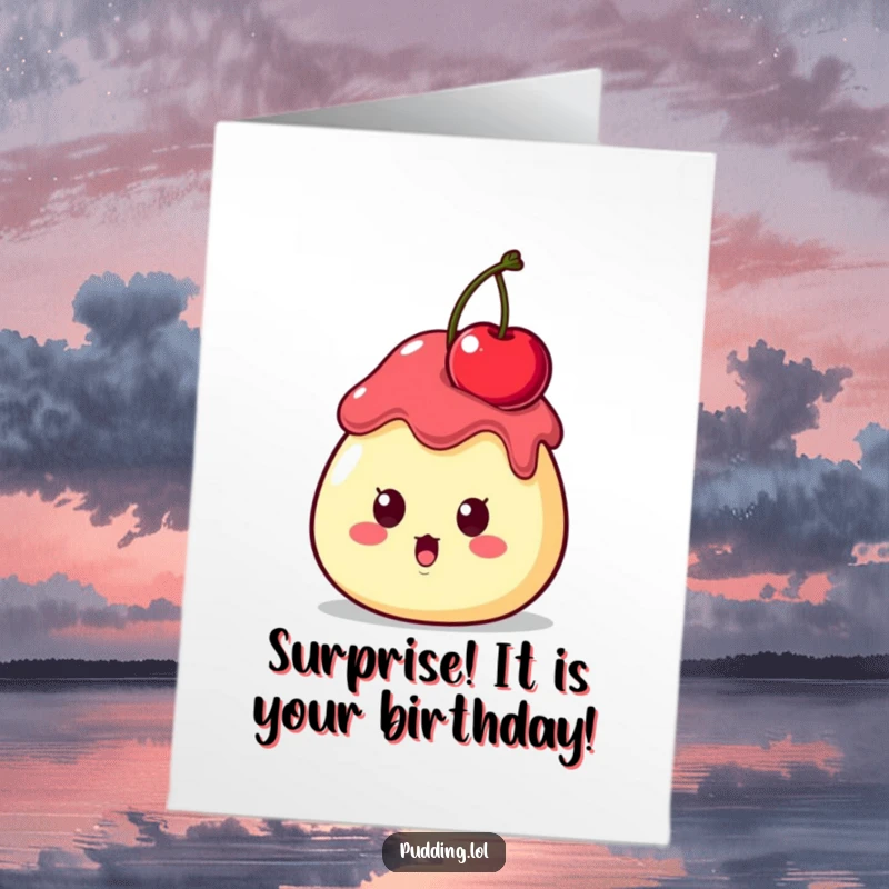 Funny Free Printable Birthday Card: Surprised pudding character wears a cherry precariously on its head, adding birthday shock.