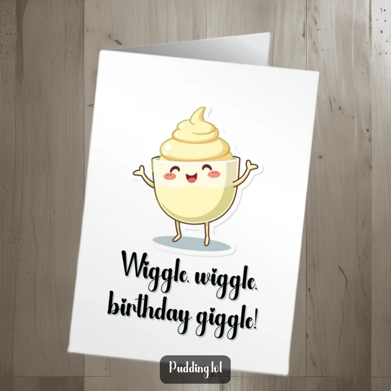 Funny Free Printable Birthday Card: A pudding cup character doing a silly dance, wiggling its gelatinous body with excitement.
