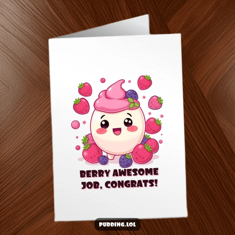 Funny free printable berry pudding congratulations card showing a delighted pudding character amidst a shower of happy, bouncing berries.