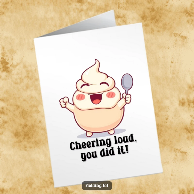Free Printable Congratulations Card: Excited pudding character raises a tiny spoon, cheering wildly for your success.