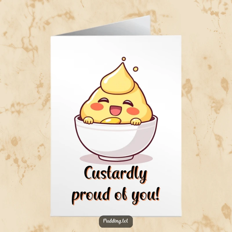 Funny Free Printable Congratulations Card: A laughing custard character pours itself into a bowl, celebrating a sweet accomplishment with glee.
