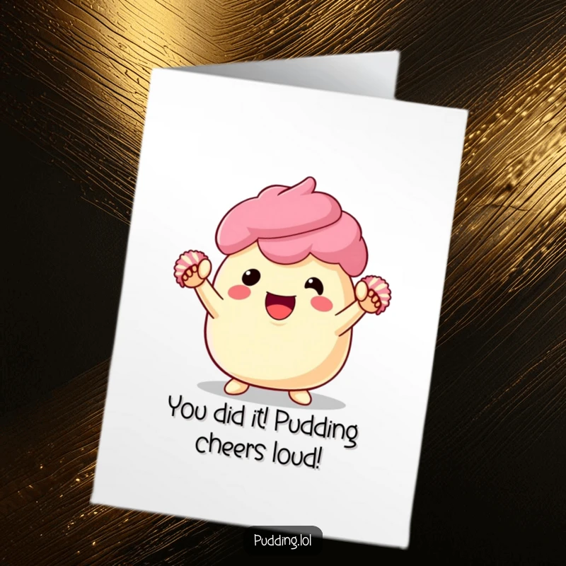 Funny Free Printable Congratulations Card: Excited pudding character with pom-poms, celebrating success with pure joy, a fantastic downloadable.