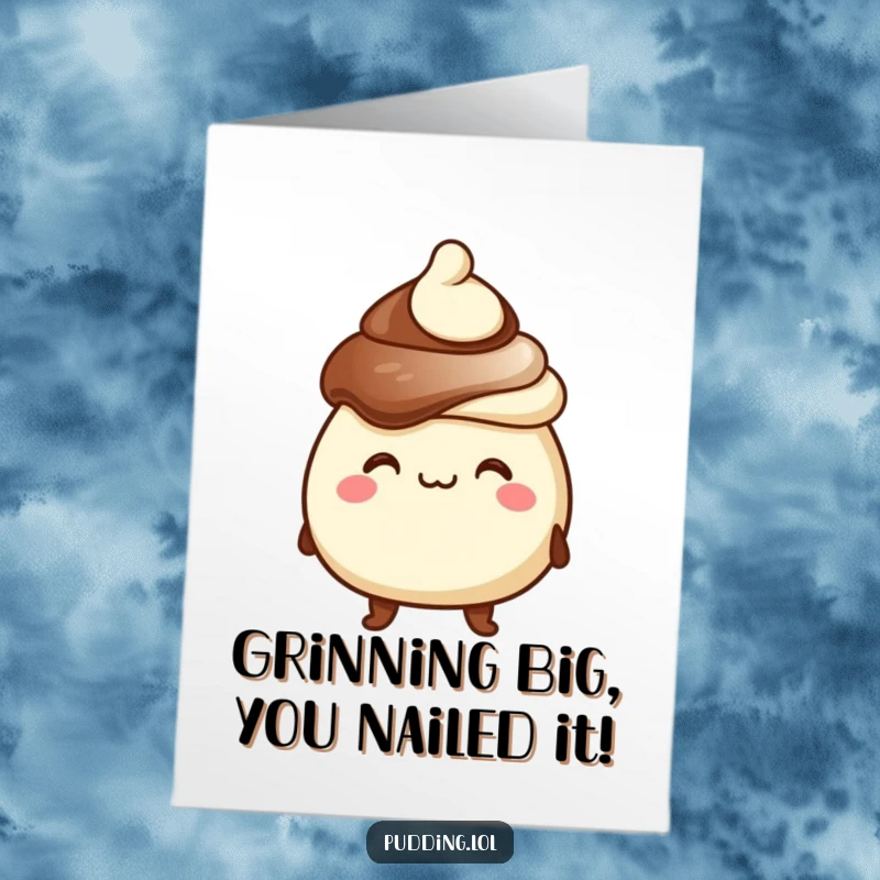 Free Printable Congratulations Card: A chocolate pudding character with a goofy grin sports a tiny hat, celebrating success.