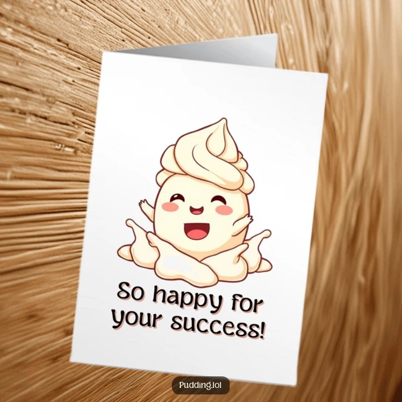 Funny Free Printable Congrats Card: A joyful pudding character happily splashes in whipped cream, celebrating a win.