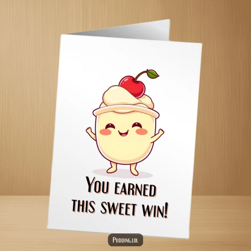 Funny Free Printable Congratulations Card: Pudding cup character grinning while precariously balancing a cherry on its head, celebrating achievement.