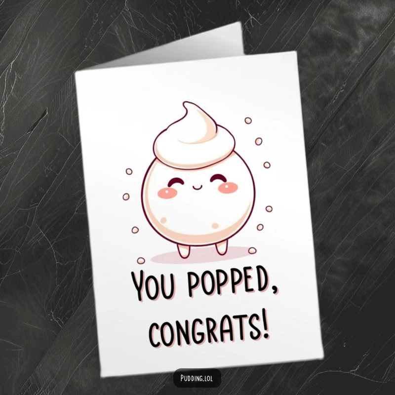 Funny free printable tapioca pudding congratulations card featuring a silly pudding character, its pearls scattering in celebration of success.