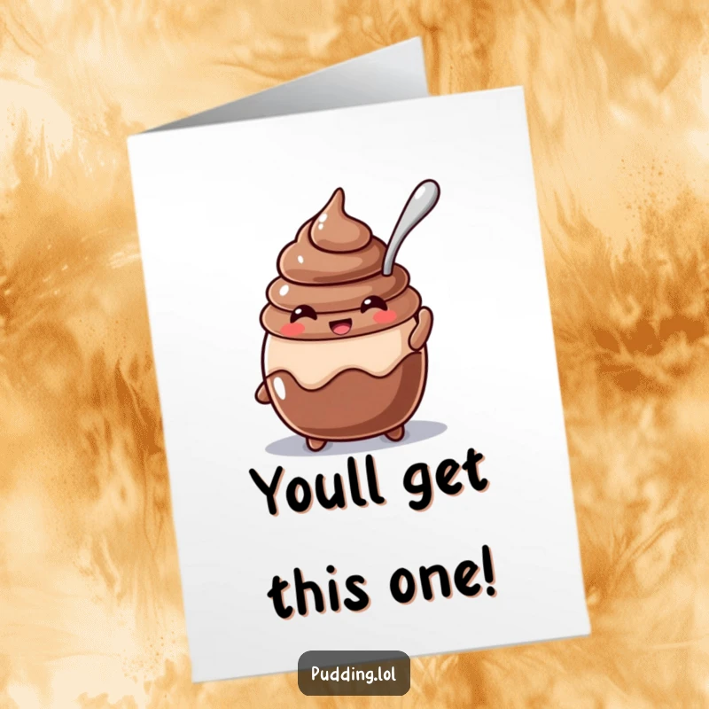Funny Free Printable Congratulations Card: A beaming chocolate pudding character with a spoon stuck in it celebrates a sweet victory with glee.