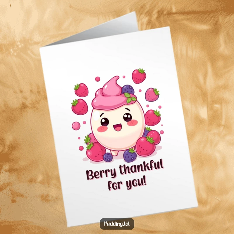 Funny free printable berry pudding thank you card featuring a delighted pudding character happily surrounded by bouncing, cheerful berries.