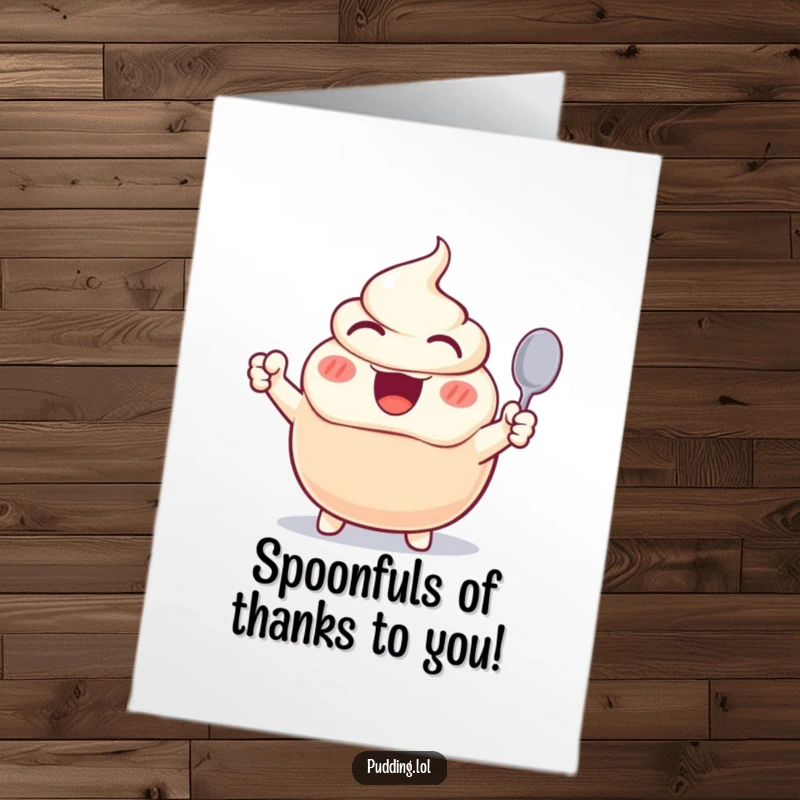 Funny Free Printable Thank You Card: Excited pudding character cheering wildly with a tiny spoon, expressing thanks.