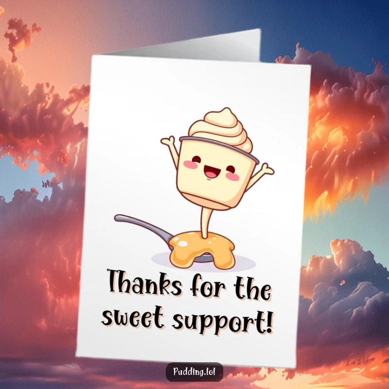 Funny Free Printable Thank You Card: Pudding character doing a handstand, expressing gratitude with a wobble.