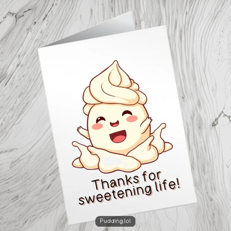 Funny Free Printable Thank You Card: A joyful pudding character splashes happily in whipped cream, sending thanks with glee.