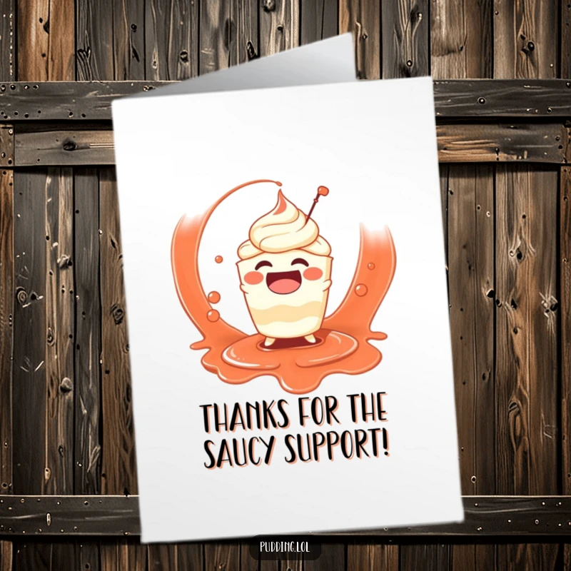 Funny Free Printable Thank You Card: Pudding character playfully splashing in a bowl of thick dipping sauce.