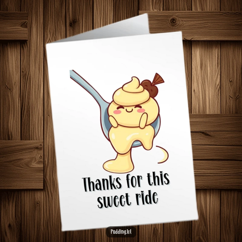 Funny free printable thank you card showing a wobbly pudding character embarking on a fun slide down a spoon.