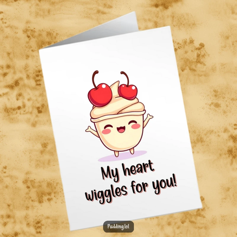 Funny Free Printable Thank You Card: A pudding cup joyfully bouncing a cherry on its head, conveying thanks with a smile.