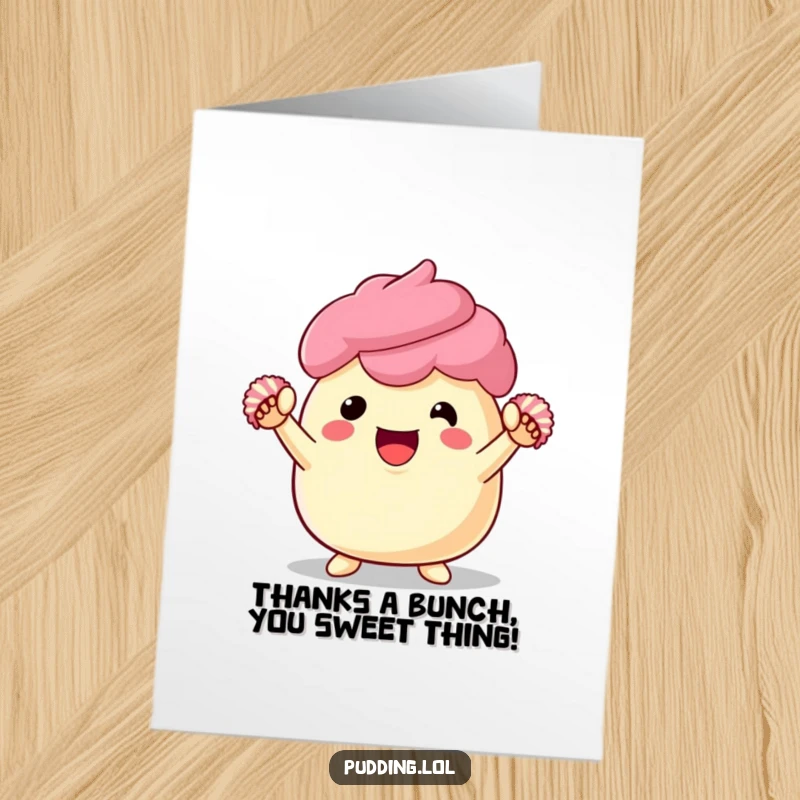 Funny Free Printable Thank You Card: Enthusiastic pudding character holding pom-poms, expressing heartfelt thanks with a playful spirit.