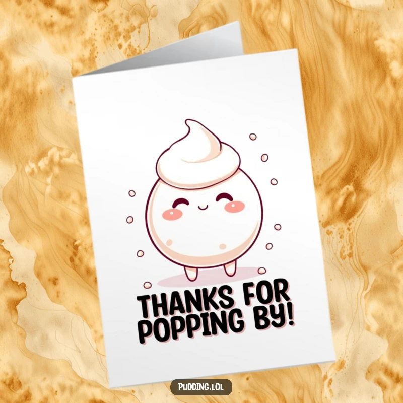 Funny free printable tapioca pudding thank you card with a silly pudding character scattering its pearls in a charming expression of thanks.