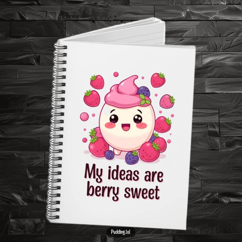 Funny berry pudding character, delighted amongst bouncing berries, perfect for jotting down notes in this humorous notebook.
