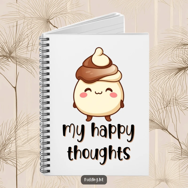 Funny notebook featuring a chocolate pudding character with a goofy grin and tiny hat, ideal for jotting down sweet ideas.