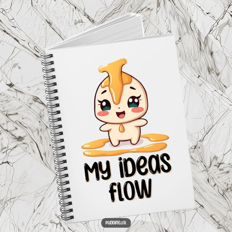 Funny giggling caramel sauce character on a notebook cover, playfully drizzling, ready to hold your sweet ideas.
