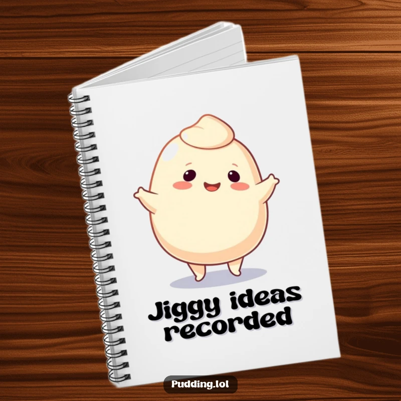 Funny Notebook featuring a smiling pudding blob character doing a jig, perfect for jotting down ideas and inspired dance moves.