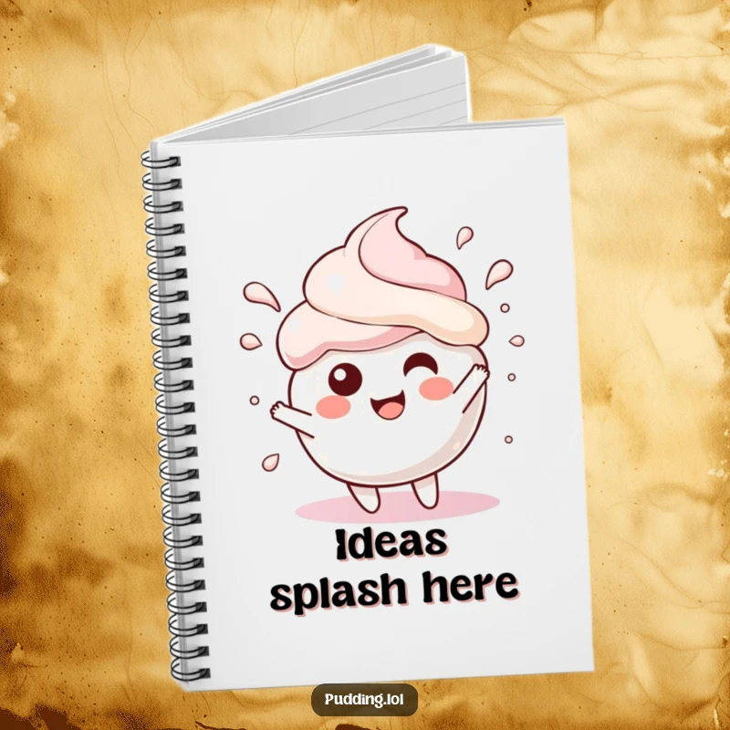 Funny Notebook featuring a pudding scoop character in a gleeful splash, perfect for jotting down fun ideas and inspired thoughts.
