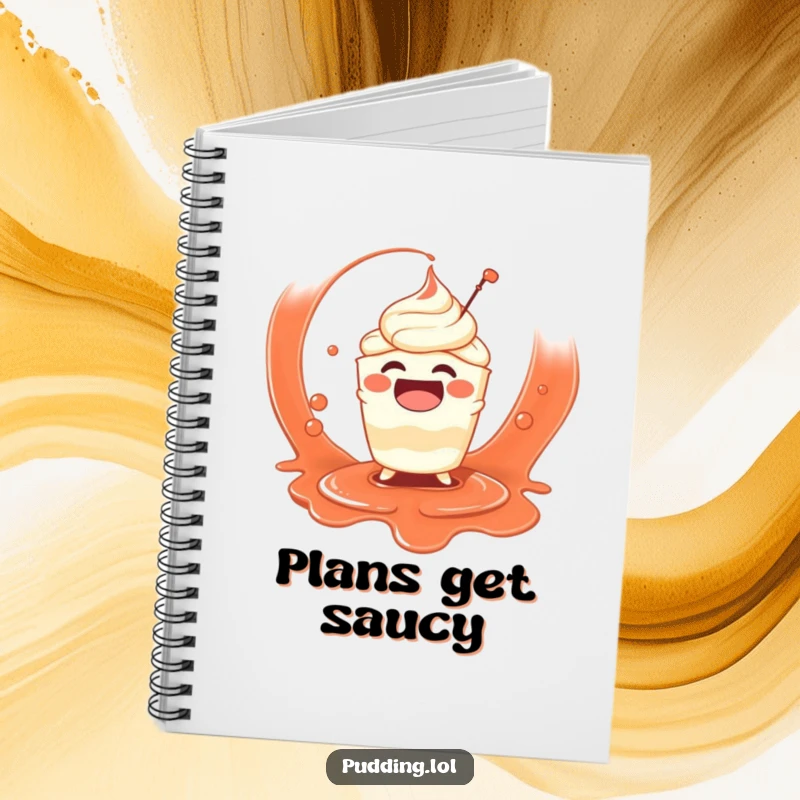 Funny notebook cover with a gleeful pudding cup character joyfully splashing in sauce, inspiring creative and messy thoughts.