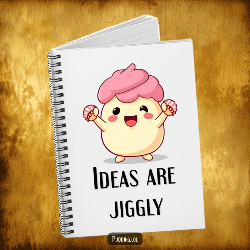 Funny pudding notebook featuring an energetic dessert character cheering with pom-poms, designed to inspire creativity and smiles.