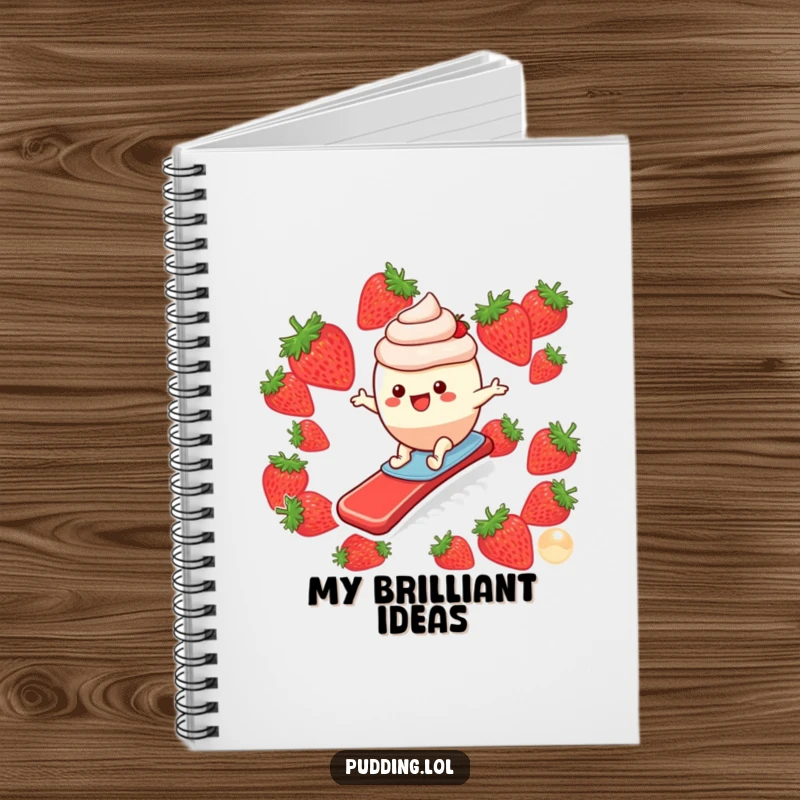 Funny notebook cover with a joyful pudding cup character skillfully surfing down a vibrant strawberry slide, inspiring creative thoughts.
