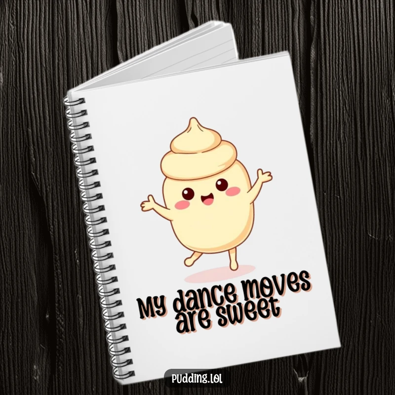 Funny vanilla pudding character dancing playfully, perfect for jotting down notes in this humorous notebook.