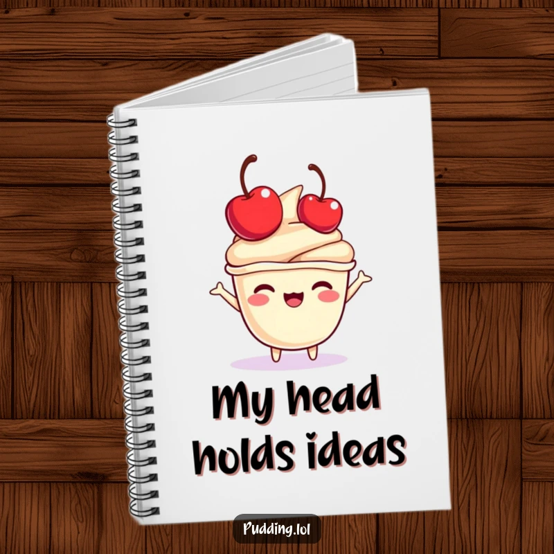 Funny pudding cup notebook featuring a character joyfully bouncing a mini cherry on its head, ideal for jotting down notes with sweet fun.