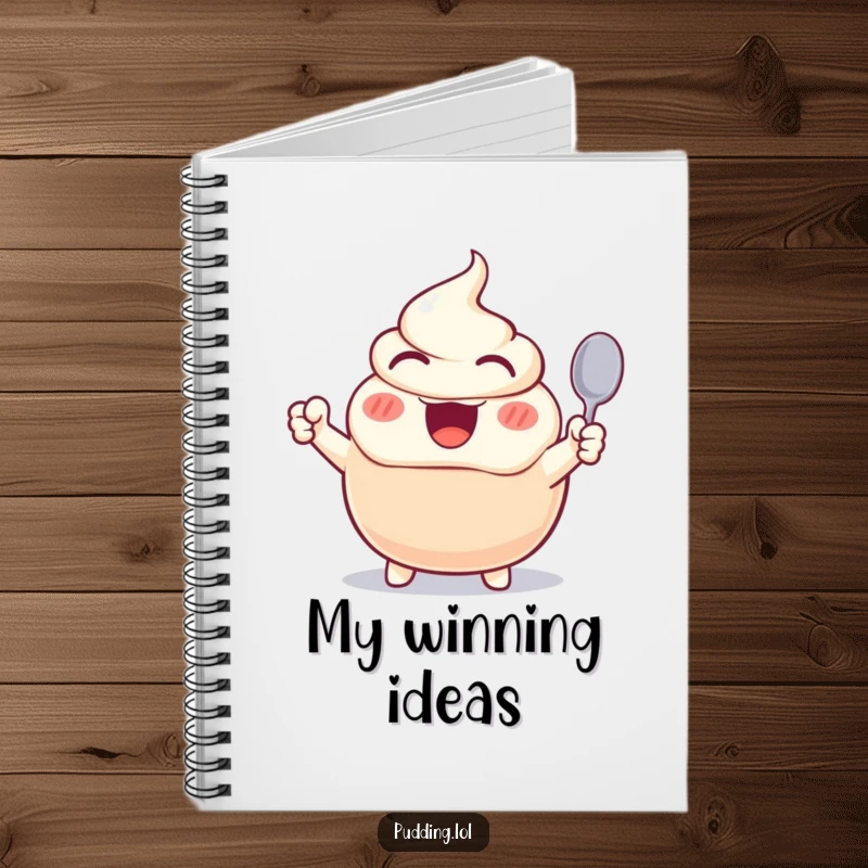 Funny notebook featuring an excited pudding character cheering with a spoon, perfect for jotting down notes and ideas with a smile.