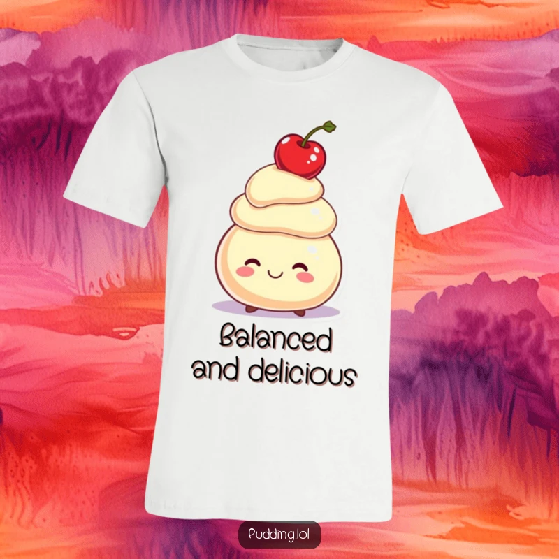 Funny T-Shirt: A smiling pudding character precariously balances a cherry atop its head, a testament to delightful equilibrium.