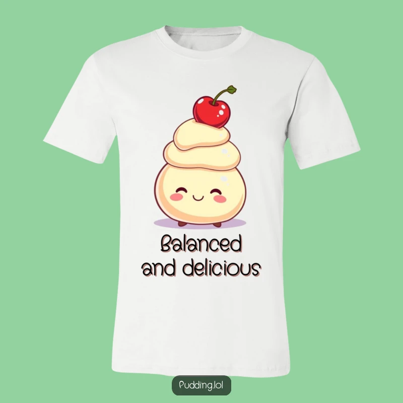 Funny Pudding T-Shirt: Balancing Cherry Character, Perfect for Whimsical Fun Gift