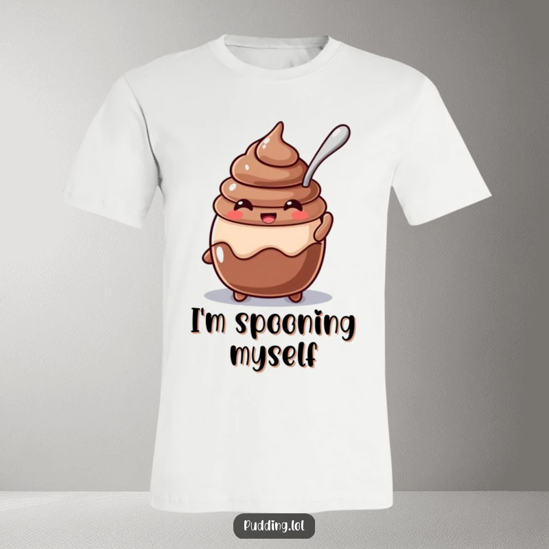 Funny beaming chocolate pudding character with a spoon stuck in it, depicted on a t-shirt, looking delightfully content.