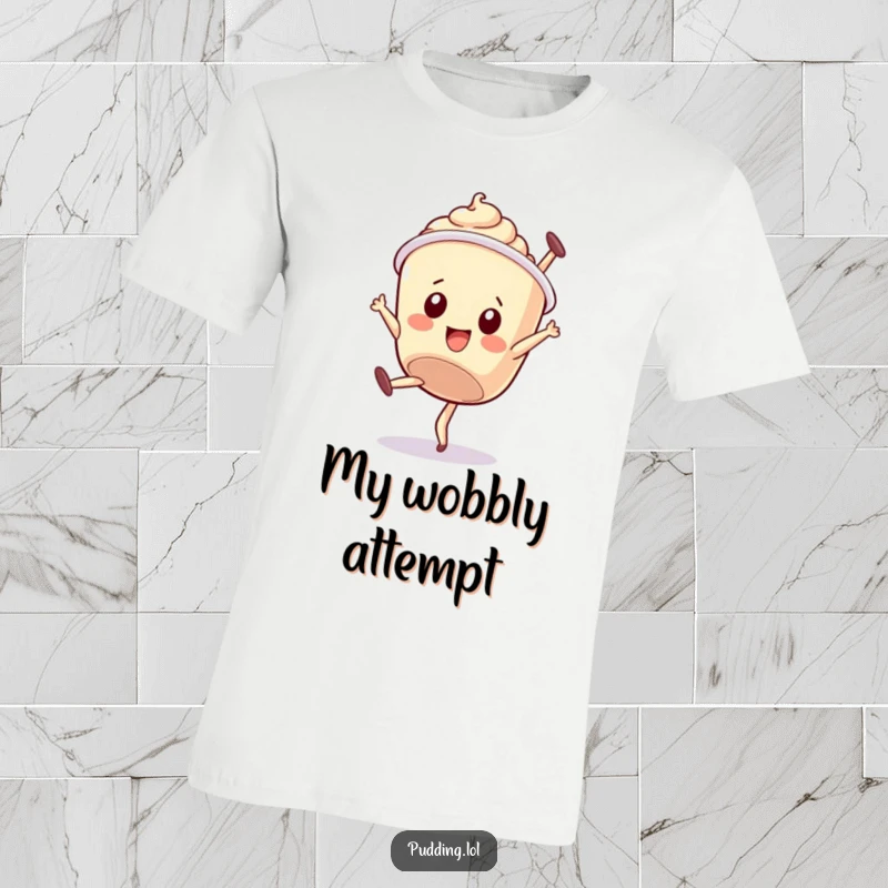 Funny t-shirt: A wobbly pudding cup character attempts a somersault with endearing effort, highlighting playful dessert antics.