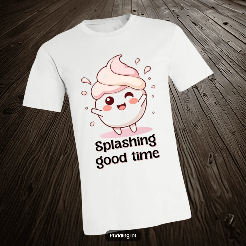 Funny T-Shirt showcasing a pudding scoop character joyfully splashing, captured in a moment of uninhibited, gleeful abandon.