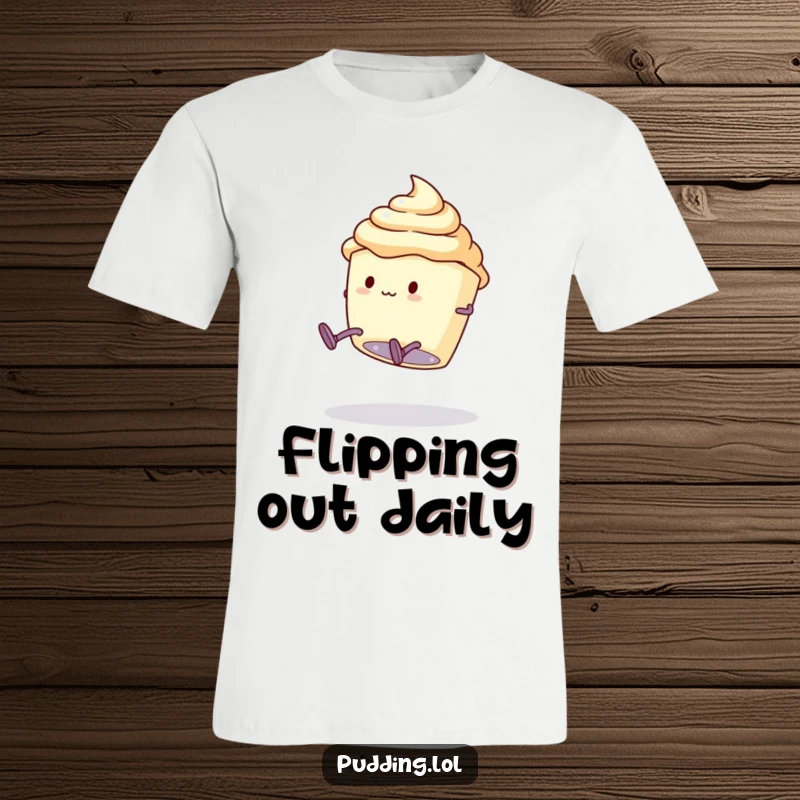 Funny T-Shirt: A pudding cup character with legs is mid-somersault, looking endearingly clumsy but full of spirit.