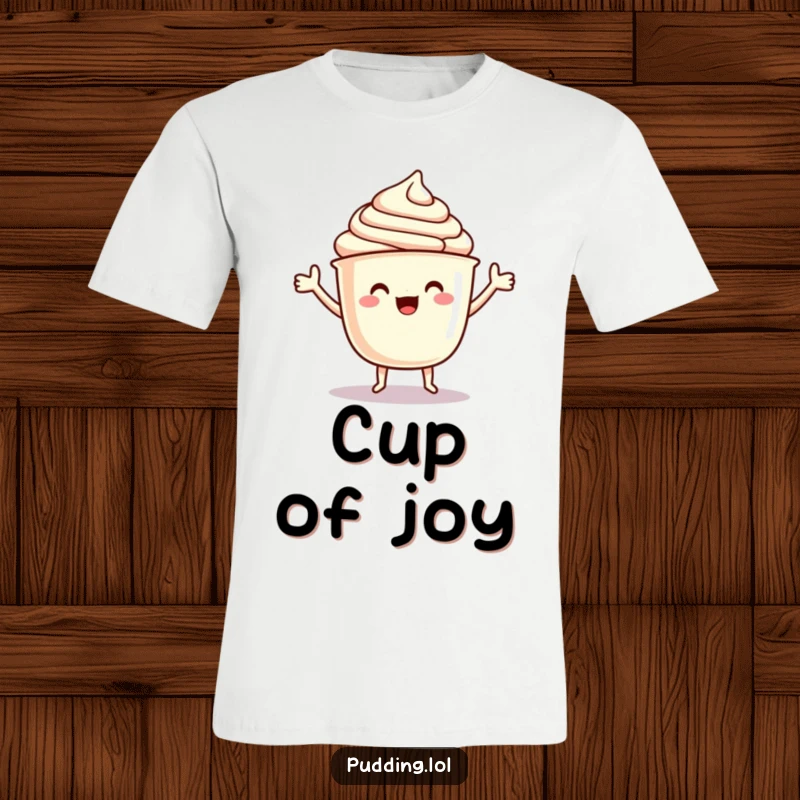Funny T-Shirt: A pudding cup character with arms exuberantly does a happy jig, radiating pure, unadulterated delight.