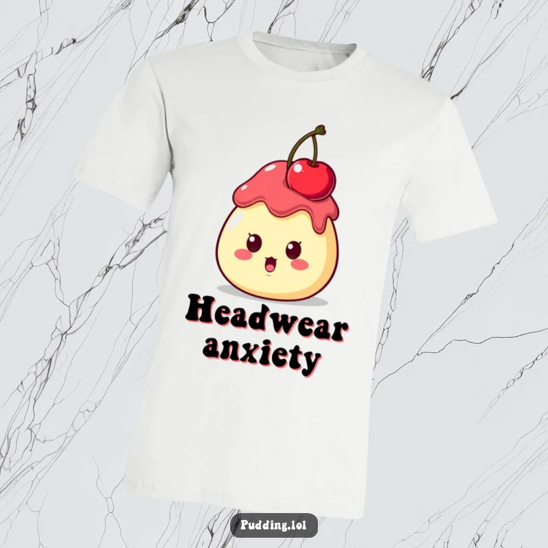 Funny T-Shirt depicting a pudding character looking utterly surprised, with a cherry perched precariously on its head, a humorous visual.