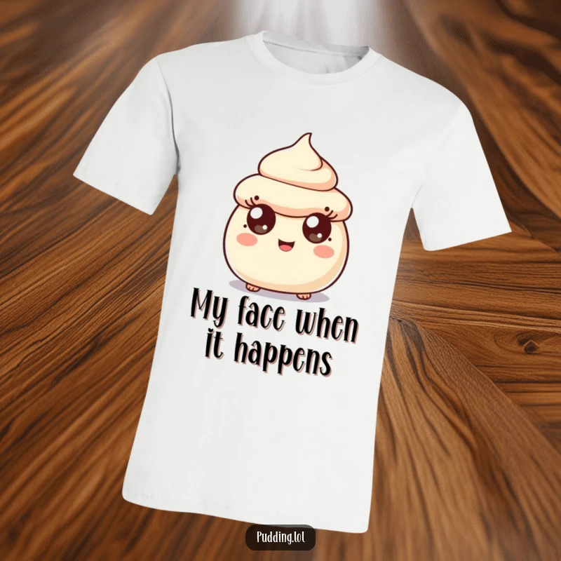 Funny surprised pudding scoop character wearing a t-shirt, wide cheerful eyes expressing comical shock for apparel.