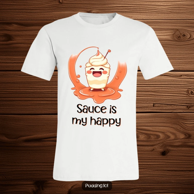 Funny t-shirt illustrating a joyous pudding cup character gleefully splashing in a delicious sauce, radiating pure, contagious amusement.