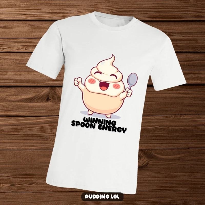 Funny t-shirt with an excited pudding character cheering wildly, spoon held high, symbolizing enthusiastic celebration and love for desserts.